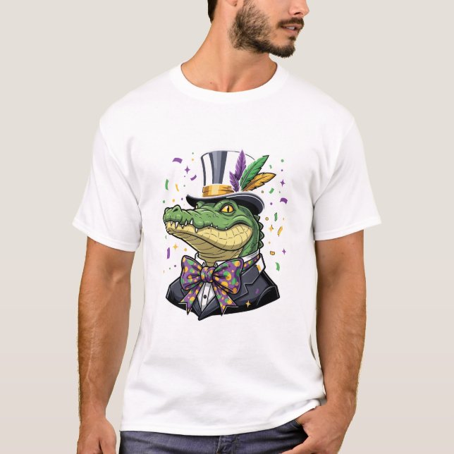 Dapper Mardi Gras Alligator in Tuxedo and Top Hat (Front)