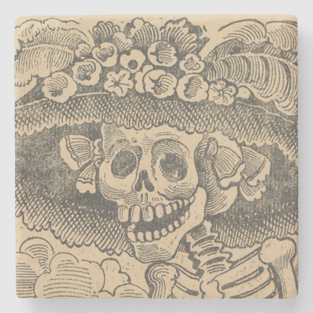 Dapper Skeleton (Calavera Catrina) (Elegant Skull) Stone Coaster (Front)
