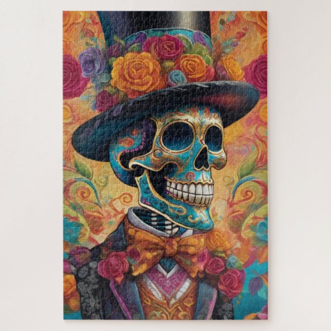 Dapper Skeleton Elegance: Day of the Dead Jigsaw Puzzle (Vertical)