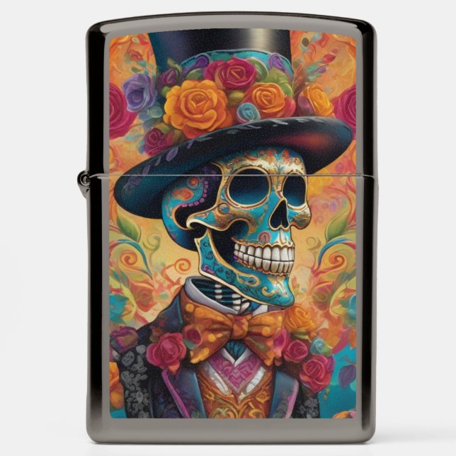 Dapper Skeleton Elegance: Day of the Dead Zippo Lighter (Front)