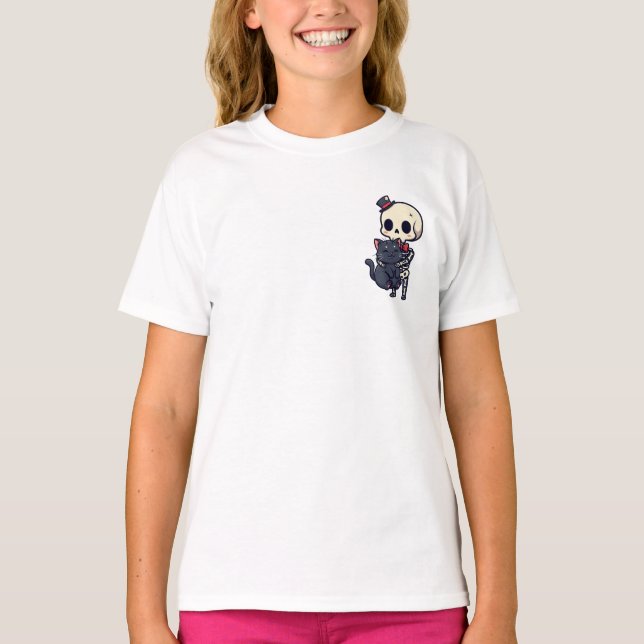 Dapper Skeleton Hugging a Spooky Black Cat Kids T-Shirt (Front)