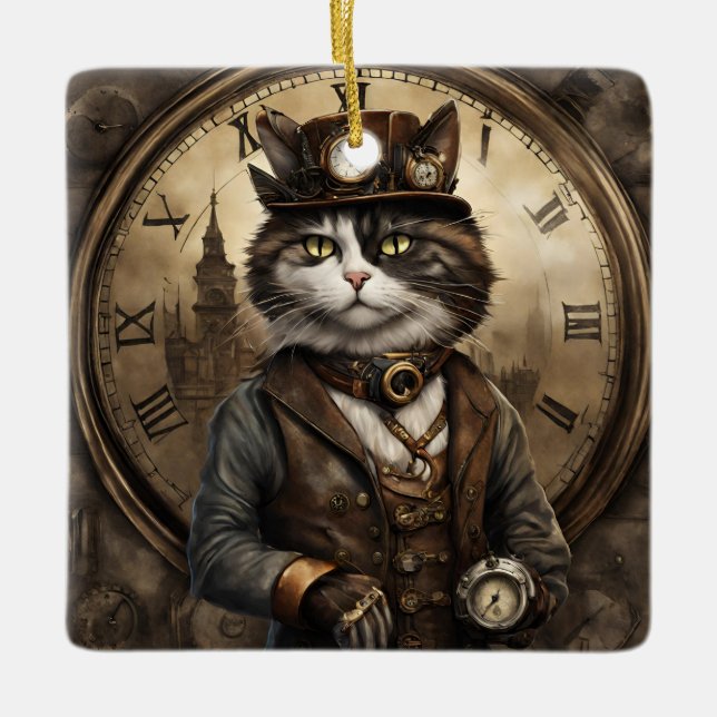  Dapper Steampunk Calico Cat Ceramic Ornament (Front)