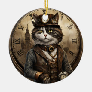 Dapper Steampunk Calico Cat Ceramic Ornament
