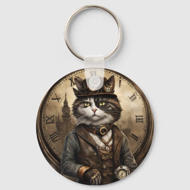  Dapper Steampunk Calico Cat Keychain (Front)