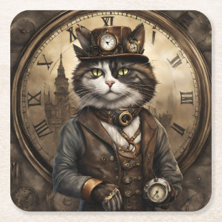 Dapper Steampunk Calico Cat Square Paper Coaster