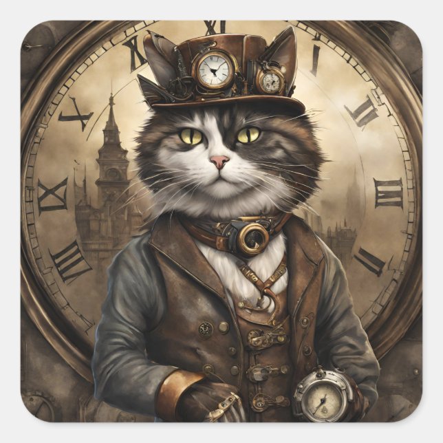  Dapper Steampunk Calico Cat Square Sticker (Front)