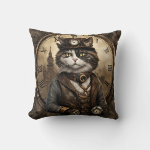 Dapper Steampunk Calico Cat Throw Pillow