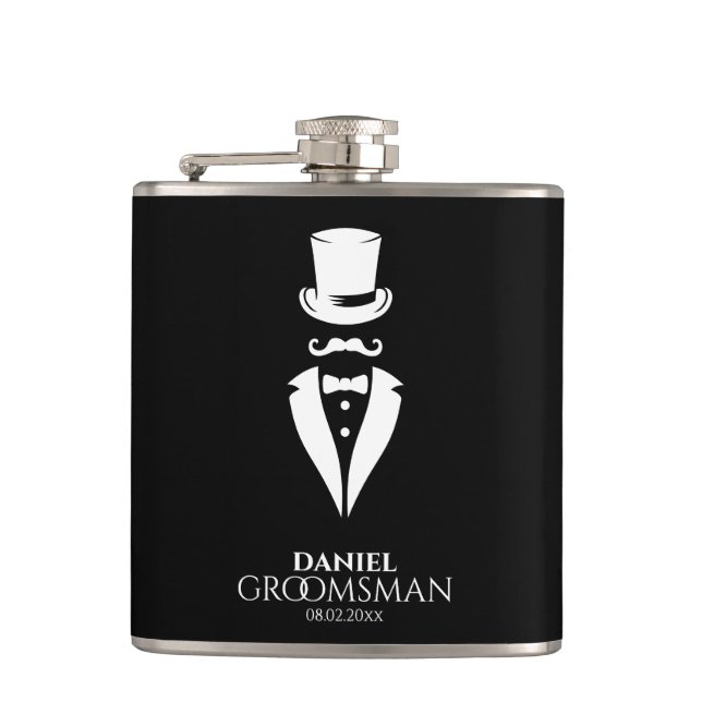 Dapper Top-hat Tux Personalized Groomsmen Flask (Front)