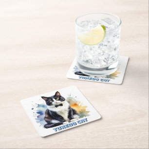 Dapper Tuxedo Cat Square Paper Coaster