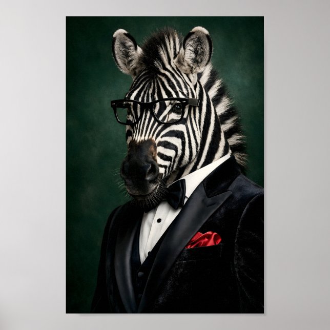 Dapper Zebra in Black Velvet Tuxedo and Reading Poster (Front)