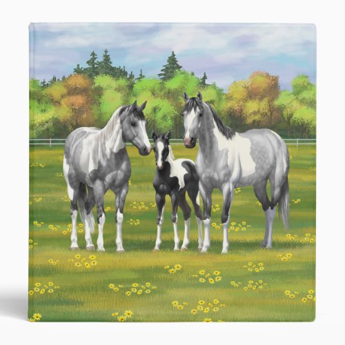 Dapple Gray Pinto Paint Horses In Summer Pasture 3 Ring Binder