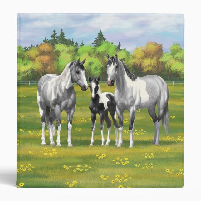 Dapple Gray Pinto Paint Horses In Summer Pasture 3 Ring Binder (Front)