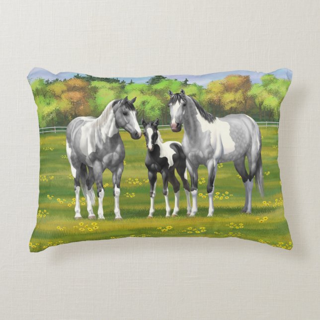 Dapple Gray Pinto Paint Horses In Summer Pasture Accent Pillow (Front)