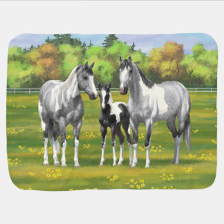 Dapple Gray Pinto Paint Horses In Summer Pasture Baby Blanket