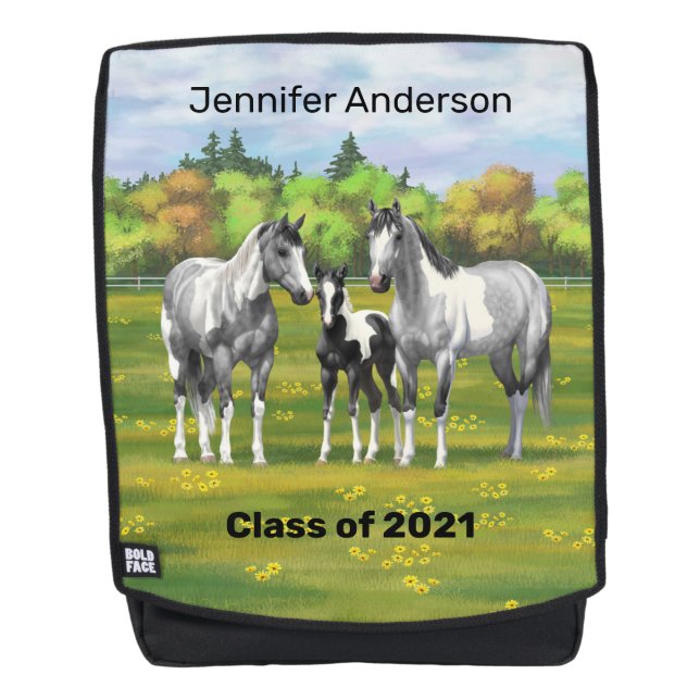 Dapple Gray Pinto Paint Horses In Summer Pasture Backpack (Front)