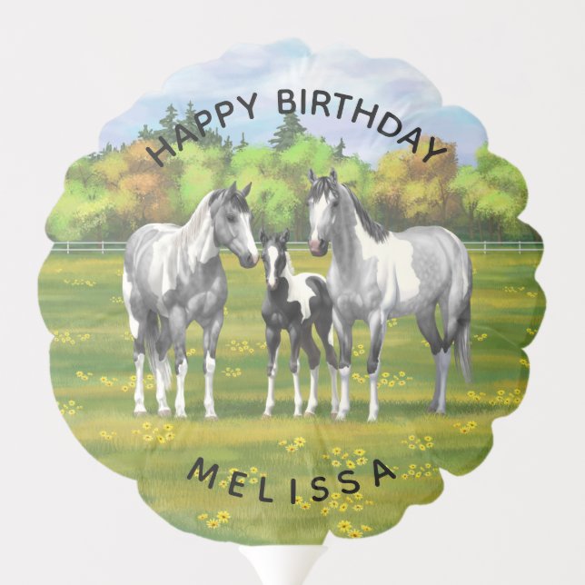 Dapple Gray Pinto Paint Horses In Summer Pasture Balloon (Back)