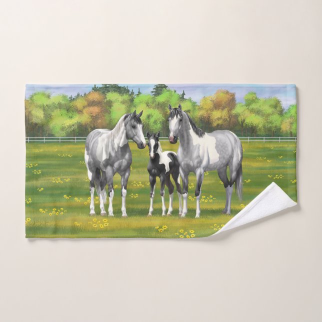 Dapple Gray Pinto Paint Horses In Summer Pasture Bath Towel Set (Hand Towel)