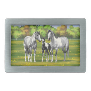 Dapple Gray Pinto Paint Horses In Summer Pasture Belt Buckle