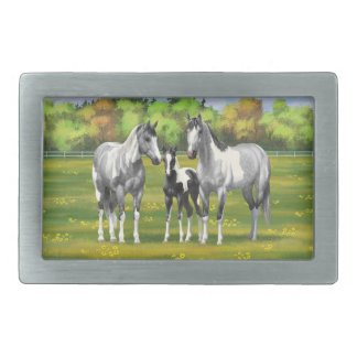 Dapple Gray Pinto Paint Horses In Summer Pasture Belt Buckle