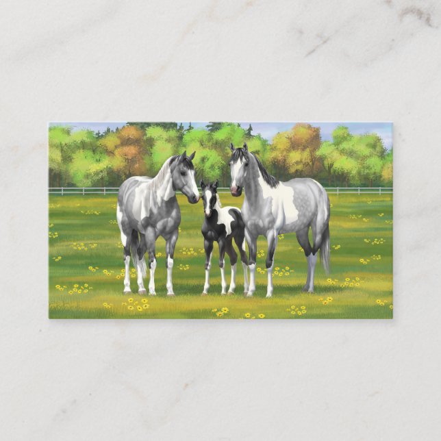 Dapple Gray Pinto Paint Horses In Summer Pasture Business Card (Front)