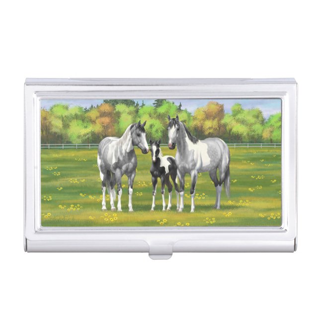Dapple Gray Pinto Paint Horses In Summer Pasture Business Card Case (Front)