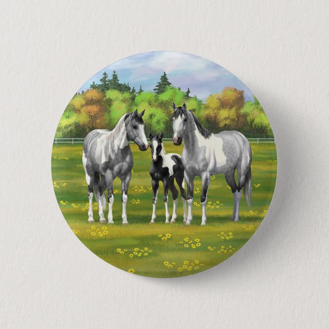 Dapple Gray Pinto Paint Horses In Summer Pasture Button (Front)