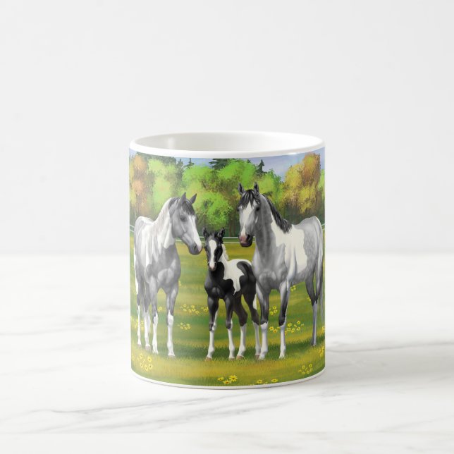 Dapple Gray Pinto Paint Horses In Summer Pasture Coffee Mug (Center)