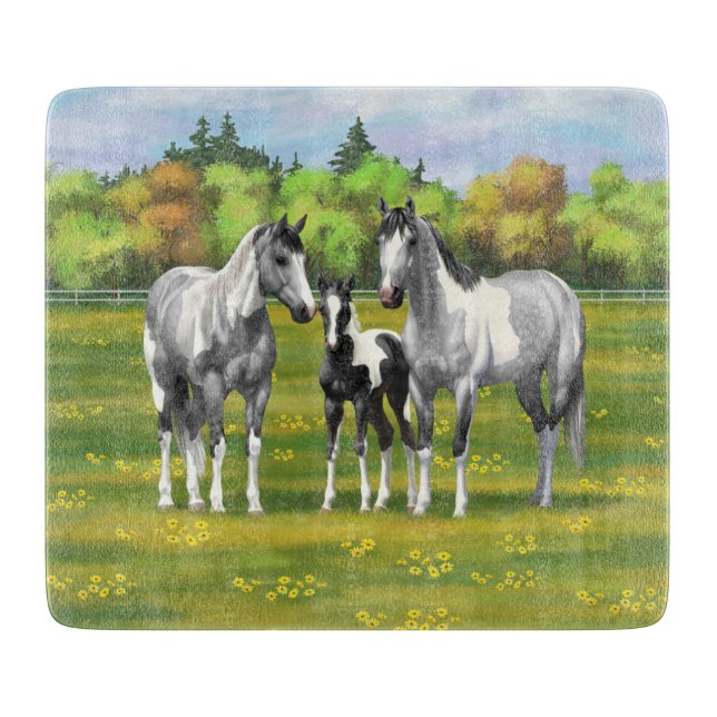 Dapple Gray Pinto Paint Horses In Summer Pasture Cutting Board (Front)