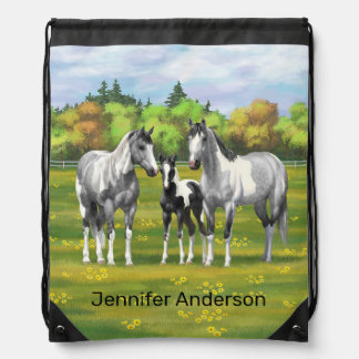 Dapple Gray Pinto Paint Horses In Summer Pasture Drawstring Bag