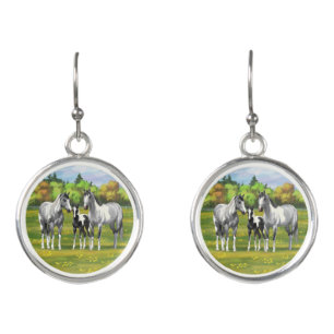 Dapple Gray Pinto Paint Horses In Summer Pasture Earrings