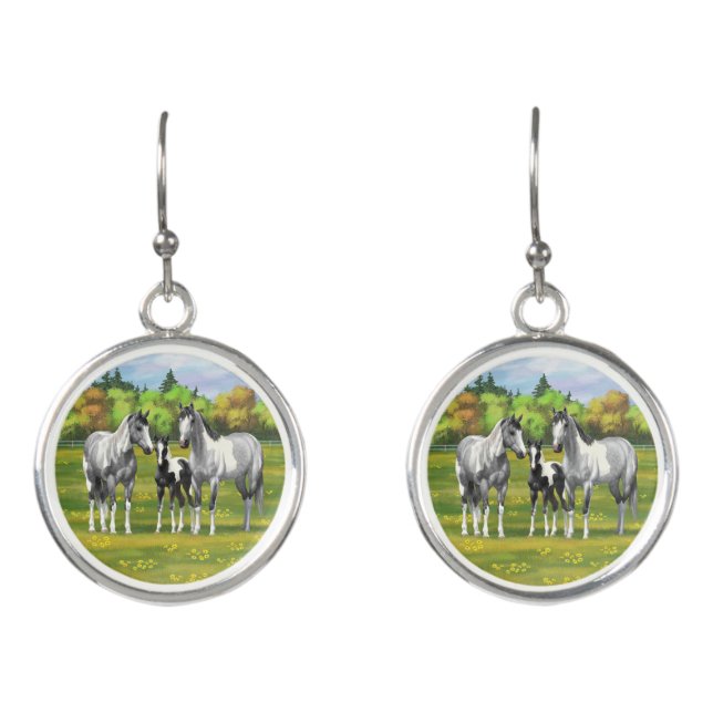 Dapple Gray Pinto Paint Horses In Summer Pasture Earrings (Front)