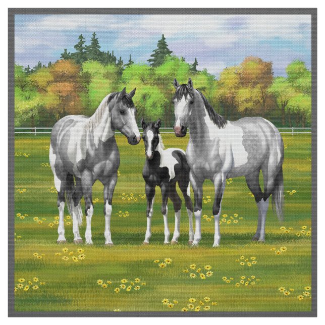 Dapple Gray Pinto Paint Horses In Summer Pasture Fabric (Swatch)