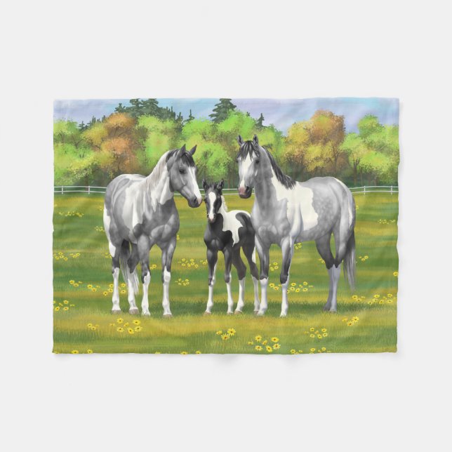 Dapple Gray Pinto Paint Horses In Summer Pasture Fleece Blanket (Front (Horizontal))