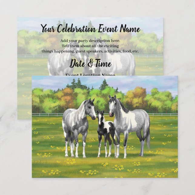 Dapple Gray Pinto Paint Horses In Summer Pasture Invitation (Front/Back)