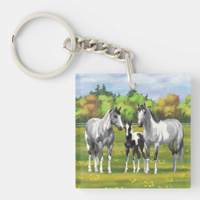 Dapple Gray Pinto Paint Horses In Summer Pasture Keychain (Front)