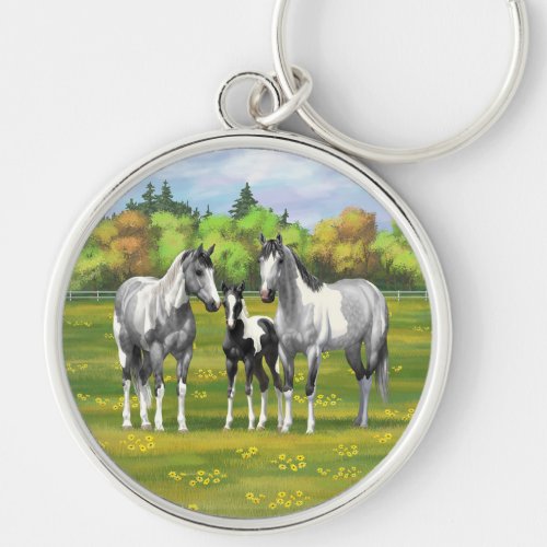 Dapple Gray Pinto Paint Horses In Summer Pasture Keychain