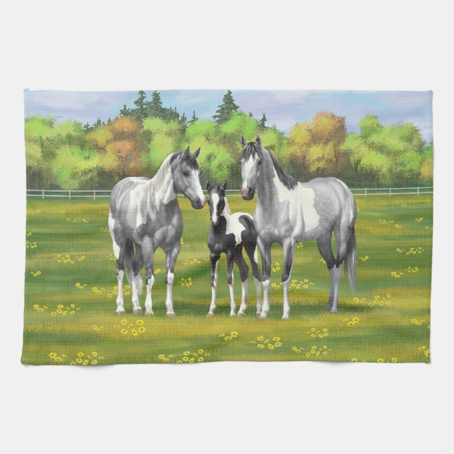 Dapple Gray Pinto Paint Horses In Summer Pasture Kitchen Towel (Horizontal)