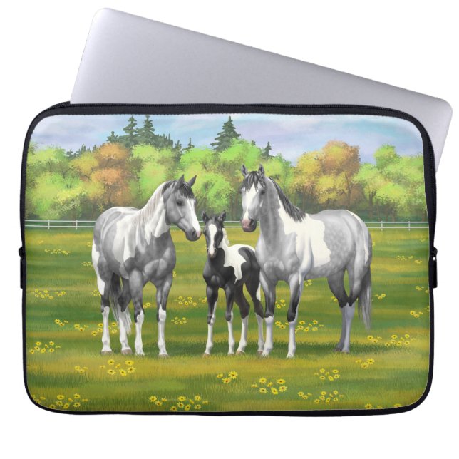 Dapple Gray Pinto Paint Horses In Summer Pasture Laptop Sleeve (Front)