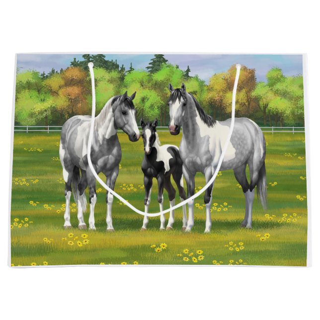 Dapple Gray Pinto Paint Horses In Summer Pasture Large Gift Bag (Front)