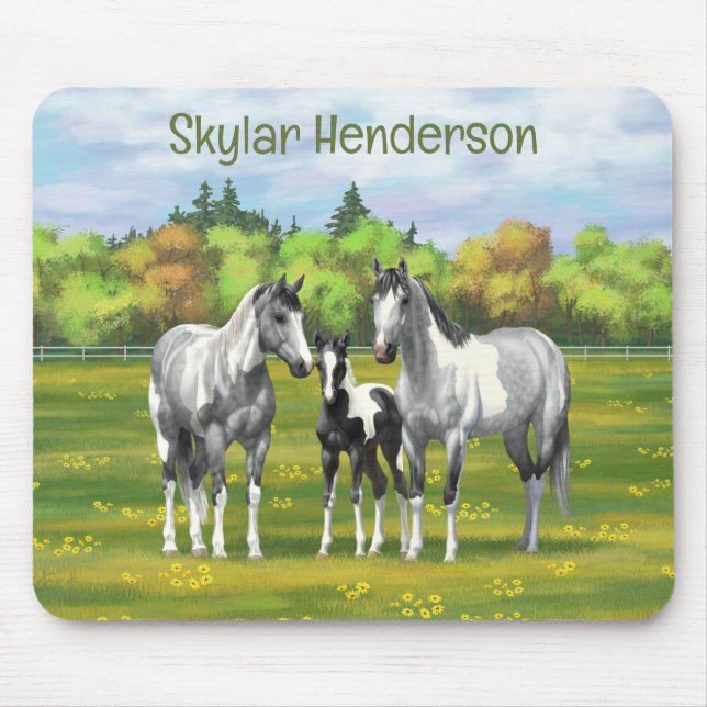 Dapple Gray Pinto Paint Horses In Summer Pasture Mouse Pad (Front)