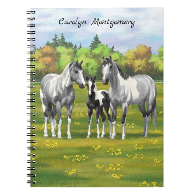Dapple Gray Pinto Paint Horses In Summer Pasture Notebook (Front)