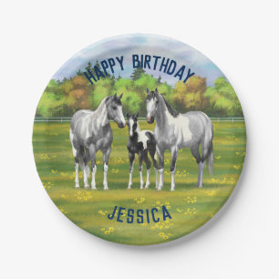 Dapple Gray Pinto Paint Horses In Summer Pasture Paper Plates