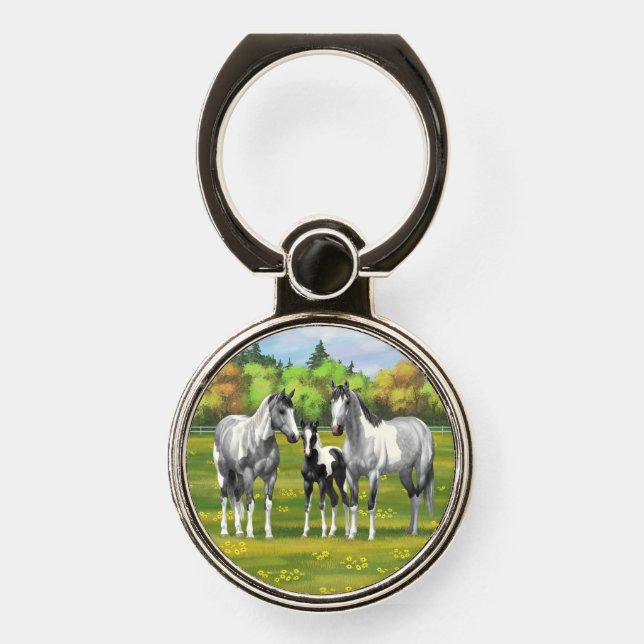 Dapple Gray Pinto Paint Horses In Summer Pasture Phone Ring Stand (Front)