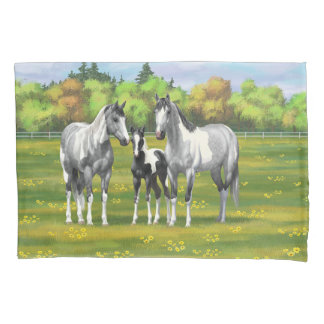 Dapple Gray Pinto Paint Horses In Summer Pasture Pillow Case