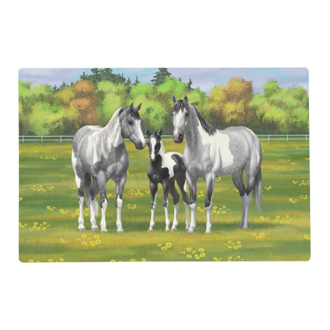 Dapple Gray Pinto Paint Horses In Summer Pasture Placemat (Front)