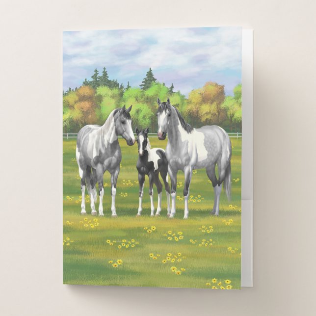 Dapple Gray Pinto Paint Horses In Summer Pasture Pocket Folder (Front)
