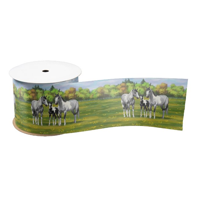 Dapple Gray Pinto Paint Horses In Summer Pasture Satin Ribbon (Spool)