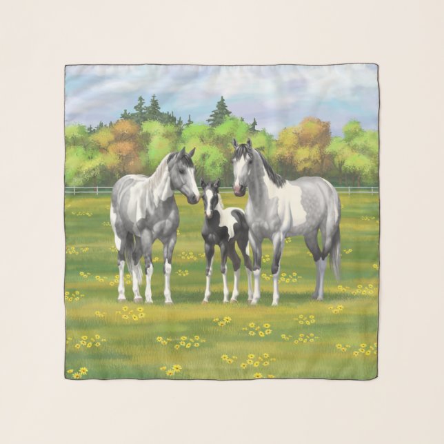 Dapple Gray Pinto Paint Horses In Summer Pasture Scarf (Front)