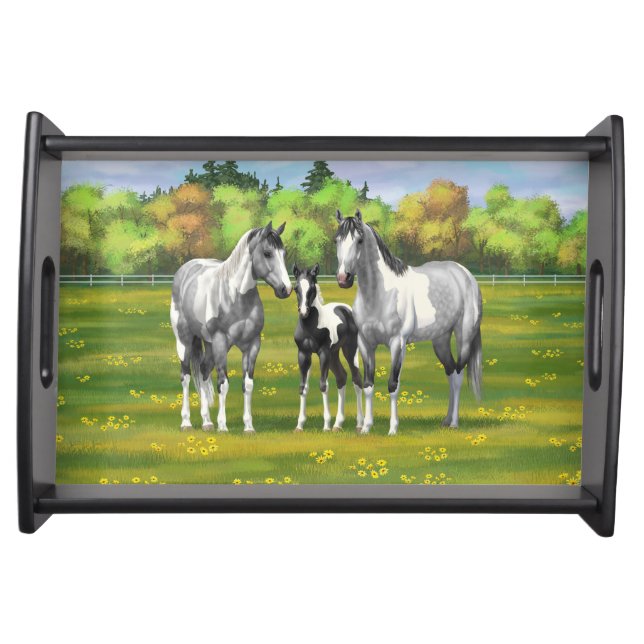 Dapple Gray Pinto Paint Horses In Summer Pasture Serving Tray (Front)