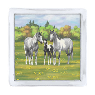 Dapple Gray Pinto Paint Horses In Summer Pasture Silver Finish Lapel Pin
